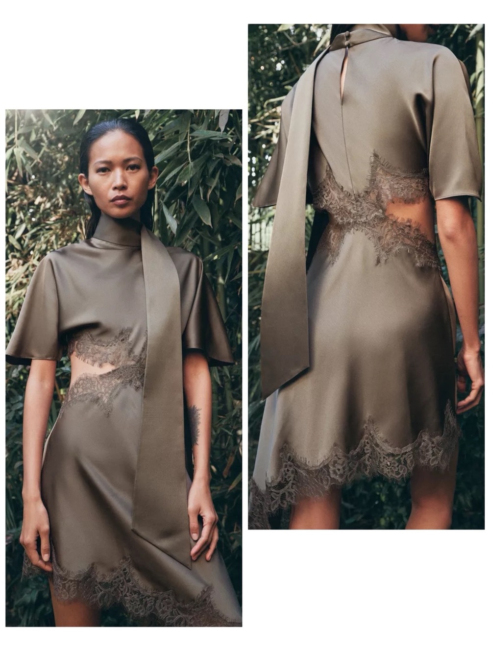 Zara Satin Cut Out Lace Dress Asymmetrical High Neck Scarf Brown Large - Picture 7 of 15